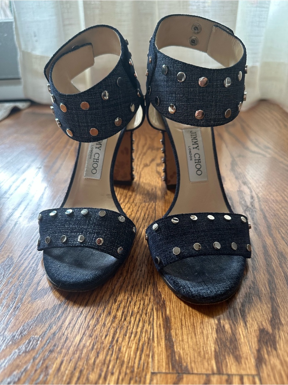 Jimmy Choo Black Studded Denim Ankle-Strap Heels